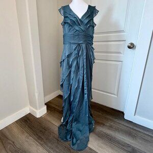 David's Bridal Formal Prom Bridesmaid Chiffon Tiered Dress Gown Dusty Blue